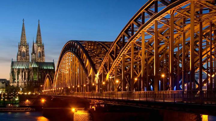 Cathedral and Hohenzollern Bridge at Night, Cologne, Germany