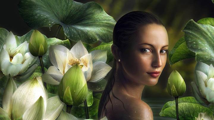 Girl In Water With Flowers