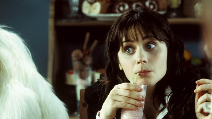 Zooey Deschanel Sitting & Drinking Milk Shake