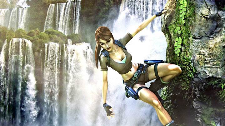 Lara Croft Climing Mountain Near Waterfall