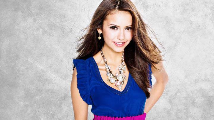 Nina Dobrev Smiling in Blue Dress & Jewellery