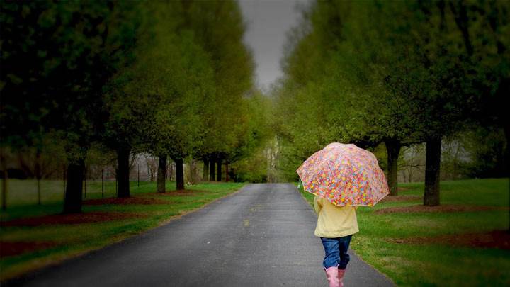 Kid Going To School With Umbrella