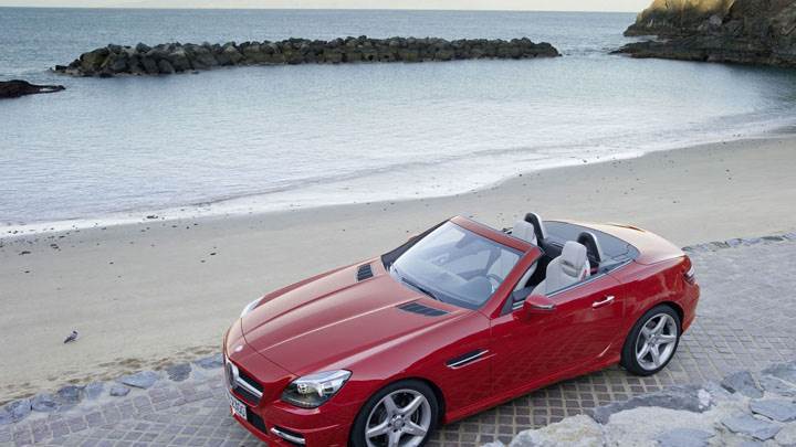 Red Mercedes-Benz SLK 350 Parked Near Beach