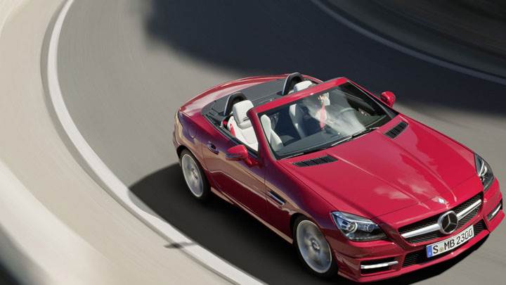 Red Mercedes-Benz SLK 350 Side Front View on Road